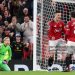 Benjamin Sesko of Manchester United celebrates scoring his team's second goal with teammate Bruno Fernandes during the Premier League match between Manchester United and Brentford (Photo by Alex Livesey/Getty Images)