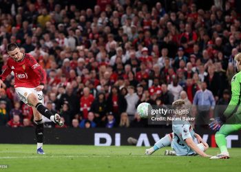 Benjamin Sesko of Manchester United scores his team's second goal during the Premier League match between Manchester United and Brentford (Photo by Naomi Baker/Getty Images)