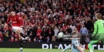 Benjamin Sesko of Manchester United scores his team's second goal during the Premier League match between Manchester United and Brentford (Photo by Naomi Baker/Getty Images)