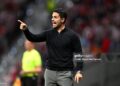 Mikel Arteta, Manager of Arsenal, reacts during the UEFA Champions League 2025/26 Semi Final First Leg match between Atletico de Madrid and Arsenal FC (Photo by Stuart MacFarlane/Arsenal FC via Getty Images)