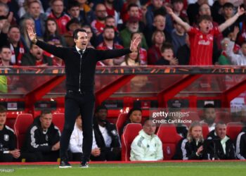 Unai Emery, Manager of Aston Villa, reacts during the UEFA Europa League 2025/26 Semi-Final First Leg match between Nottingham Forest FC and Aston Villa FC (Photo by Carl Recine/Getty Images)