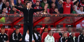Unai Emery, Manager of Aston Villa, reacts during the UEFA Europa League 2025/26 Semi-Final First Leg match between Nottingham Forest FC and Aston Villa FC (Photo by Carl Recine/Getty Images)