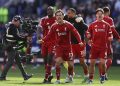 Players of Liverpool celebrate after the Premier League match between Everton and Liverpool at Hill Dickinson Stadium on April 19, 2026 in Liverpool, England. (Photo by James Gill - Danehouse/Getty Images)