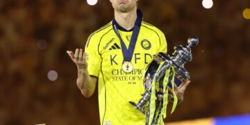 Cristiano Ronaldo celebrates after winning Saudi Pro League Title Photo Courtesy: Al-Nassr