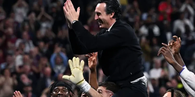 Unai Emery celebrates after winning Europa League title with Aston Villa Photo Courtesy: Getty Images