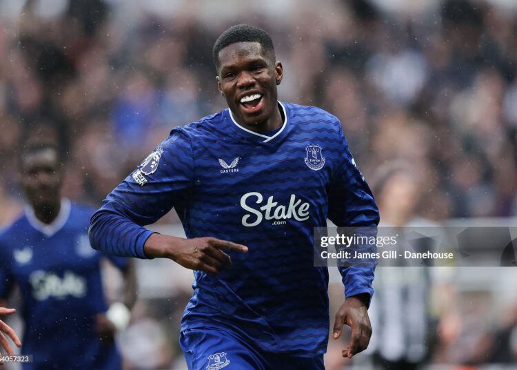 Thierno Barry of Everton celebrates after scoring their side's third goal during the Premier League match between Newcastle United and Everton (Photo by James Gill - Danehouse/Getty Images)