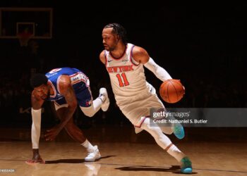 Jalen Brunson #11 of the New York Knicks drives to the basket during the game against the Philadelphia 76ers during Round Two Game One of the 2026 NBA Playoffs (Photo by Nathaniel S. Butler/NBAE via Getty Images)