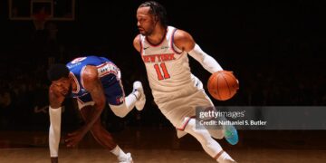 Jalen Brunson #11 of the New York Knicks drives to the basket during the game against the Philadelphia 76ers during Round Two Game One of the 2026 NBA Playoffs (Photo by Nathaniel S. Butler/NBAE via Getty Images)