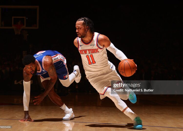 Jalen Brunson #11 of the New York Knicks drives to the basket during the game against the Philadelphia 76ers during Round Two Game One of the 2026 NBA Playoffs (Photo by Nathaniel S. Butler/NBAE via Getty Images)