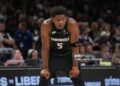 Anthony Edwards #5 of the Minnesota Timberwolves looks on during the game against the San Antonio Spurs during Round Two Game Six of the 2026 NBA Playoffs (Photo by Jesse D. Garrabrant/NBAE via Getty Images)