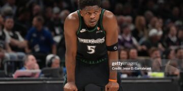 Anthony Edwards #5 of the Minnesota Timberwolves looks on during the game against the San Antonio Spurs during Round Two Game Six of the 2026 NBA Playoffs (Photo by Jesse D. Garrabrant/NBAE via Getty Images)