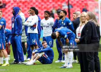Cole Palmer and Reece James of Chelsea after their sides 1-0 defeat during the Emirates FA Cup Final match between Chelsea and Manchester City (Photo by Robin Jones/Getty Images)