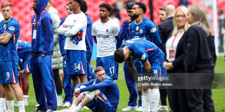 Cole Palmer and Reece James of Chelsea after their sides 1-0 defeat during the Emirates FA Cup Final match between Chelsea and Manchester City (Photo by Robin Jones/Getty Images)