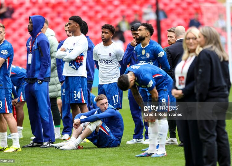 Cole Palmer and Reece James of Chelsea after their sides 1-0 defeat during the Emirates FA Cup Final match between Chelsea and Manchester City (Photo by Robin Jones/Getty Images)