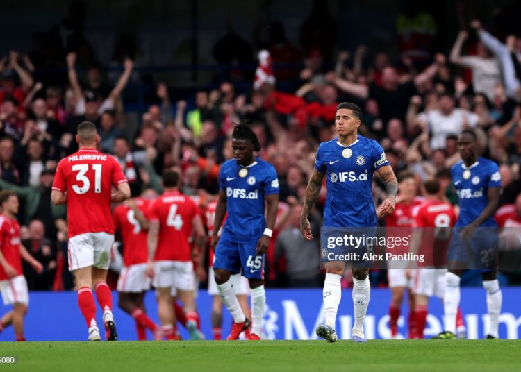 Enzo Fernandez of Chelsea dejected after Taiwo Awoniyi of Nottingham Forest scores his team's third goal during the Premier League match between Chelsea and Nottingham Forest (Photo by Alex Pantling/Getty Images)