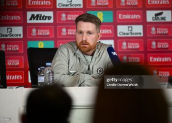 Interim Head Coach Calum McFarlane of Chelsea speaks during a press conference (Photo by Darren Walsh/Chelsea FC via Getty Images)