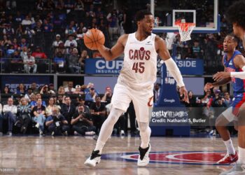 DETROIT, MI - MAY 17:  Donovan Mitchell #45 of the Cleveland Cavaliers dribbles the ball during the game against the Detroit Pistons during Round Two Game Seven of the 2026 NBA Playoffs  on May 17, 2026 at Little Caesars Arena in Detroit, Michigan. Photo by Nathaniel S. Butler/NBAE via Getty Images