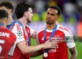 Arsenal's Gabriel (right) is consoled by teammate Declan Rice following the UEFA Champions League Final (Photo by Mike Egerton/PA Images via Getty Images)