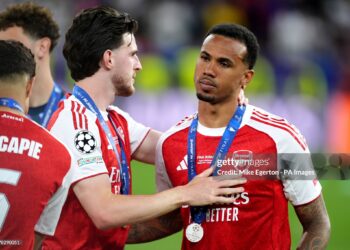 Arsenal's Gabriel (right) is consoled by teammate Declan Rice following the UEFA Champions League Final (Photo by Mike Egerton/PA Images via Getty Images)