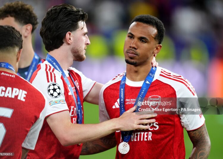 Arsenal's Gabriel (right) is consoled by teammate Declan Rice following the UEFA Champions League Final (Photo by Mike Egerton/PA Images via Getty Images)