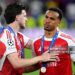 Arsenal's Gabriel (right) is consoled by teammate Declan Rice following the UEFA Champions League Final (Photo by Mike Egerton/PA Images via Getty Images)