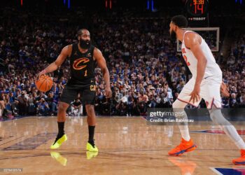 James Harden #1 of the Cleveland Cavaliers looks to pass the ball during the game against the New York Knicks during Game One of the NBA Eastern Conference Finals (Photo by Brian Babineau/NBAE via Getty Images)