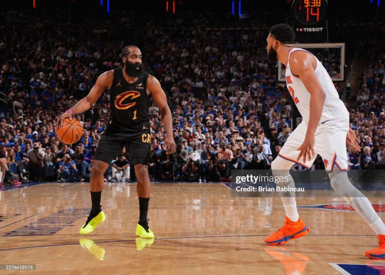 James Harden #1 of the Cleveland Cavaliers looks to pass the ball during the game against the New York Knicks during Game One of the NBA Eastern Conference Finals (Photo by Brian Babineau/NBAE via Getty Images)