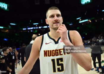 Nikola Jokic #15 of the Denver Nuggets walks off the court after being defeated by the Minnesota Timberwolves 110-98 in Game Six of the First Round of the NBA Western Conference Playoffs (Photo by Stephen Maturen/Getty Images)
