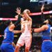 Dyson Daniels #5 of the Atlanta Hawks looks to pass the ball during the game against the New York Knicks during Round One Game Six of the 2026 NBA Playoffs (Photo by Adam Hagy/NBAE via Getty Images)