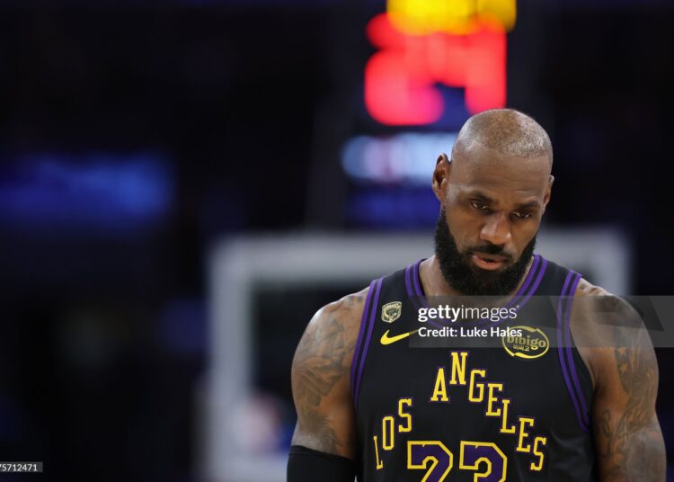 LeBron James #23 of the Los Angeles Lakers reacts against the Oklahoma City Thunder during the second quarter in Game Four of the Second Round of the NBA Western Conference Playoffs (Photo by Luke Hales/Getty Images)