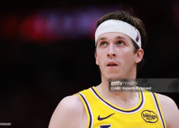 Austin Reaves #15 of the Los Angeles Lakers looks on against the Houston Rockets during the fourth quarter in Game Six of the First Round of the NBA Western Conference Playoffs (Photo by Kenneth Richmond/Getty Images)