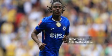 Romeo Lavia of Chelsea running during the Emirates FA Cup Semi Final match (Photo by Nigel French/Sportsphoto/Allstar via Getty Images)