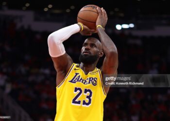 LeBron James #23 of the Los Angeles Lakers attempts free throw against the Houston Rockets during the fourth quarter in Game Six of the First Round of the NBA Western Conference Playoffs (Photo by Kenneth Richmond/Getty Images)