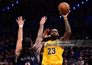 LeBron James #23 of the Los Angeles Lakers shoots over Jaylin Williams #6 of the Oklahoma City Thunder during the fourth quarter in Game Two of the Second Round  (Photo by Joshua Gateley/Getty Images)