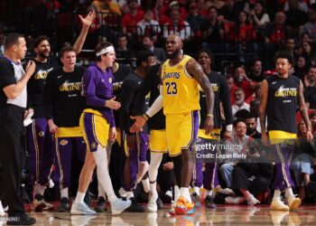 LeBron James #23 of the Los Angeles Lakers celebrates during the game Houston Rockets during Round One Game Six of the 2026 NBA Playoffs (Photo by Logan Riely/NBAE via Getty Images)