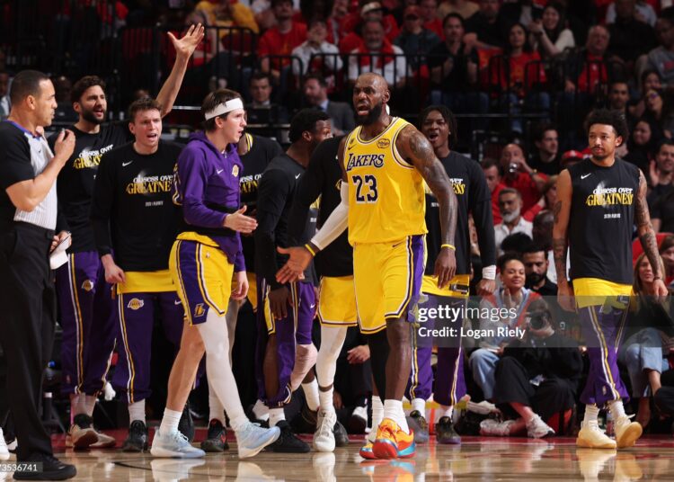 LeBron James #23 of the Los Angeles Lakers celebrates during the game Houston Rockets during Round One Game Six of the 2026 NBA Playoffs (Photo by Logan Riely/NBAE via Getty Images)