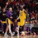 LeBron James #23 of the Los Angeles Lakers celebrates during the game Houston Rockets during Round One Game Six of the 2026 NBA Playoffs (Photo by Logan Riely/NBAE via Getty Images)