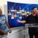Xabi Alonso, Head Coach of Real Madrid, reacts alongside Kylian Mbappe of Real Madrid as he speaks to the media after the team's victory in the UEFA Champions League 2025/26 League Phase MD1 match between Real Madrid C.F. and Olympique de Marseille (Photo by Aitor Alcalde - UEFA/UEFA via Getty Images)