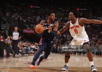 Donovan Mitchell #45 of the Cleveland Cavaliers drives to the basket during the game against the New York Knicks during Game Four of the 2026 Eastern Conference Finals (Photo by Nathaniel S. Butler/NBAE via Getty Images)