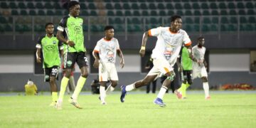 Shot from Nations FC (white)-Dreams FC MTN FA Cup Final Game Photo Courtesy: Nations FC