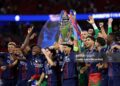 Marquinhos of Paris Saint-Germain lifts the UEFA Champions League trophy after his team's victory in the UEFA Champions League Final 2026 match between Paris Saint-Germain and Arsenal FC (Photo by Justin Setterfield/Getty Images)