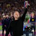 Hansi Flick, Head Coach of FC Barcelona, lifts a miniature of the LaLiga EA Sports trophy as he celebrates after defeating Real Madrid, and winning the LaLiga title, after the LaLiga EA Sports match between FC Barcelona and Real Madrid CF (Photo by Alex Caparros/Getty Images)