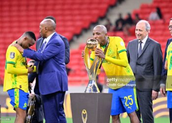 Khuliso Mudau of Mamelodi celebrates after winning the TotalEnergies CAF Champions League, 2nd Leg final match between FAR Rabat and Mamelodi Sundowns (Photo by Abdelmjid Rizkou/Gallo Images/Getty Images)