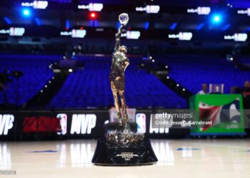A general view of the KIA NBA Michael Jordan MVP Trophy. Photo by Jesse D. Garrabrant/NBAE via Getty Images