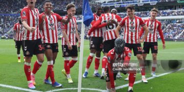 Enzo Le Fee of Sunderland scores the second goal for his team  and dons a Spiderman mask in celebration during the Premier League match between Everton and Sunderland at Hill Dickinson Stadium on May 17, 2026 in Liverpool, United Kingdom. (Photo by Ian Horrocks/Sunderland AFC via Getty Images)