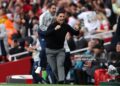 Mikel Arteta, Manager of Arsenal, celebrates after Riccardo Calafiori of Arsenal (not pictured) scored a goal which was later ruled out for offside during the Premier League match between Arsenal and  Fulham (Photo by Alex Pantling/Getty Images)