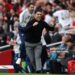 Mikel Arteta, Manager of Arsenal, celebrates after Riccardo Calafiori of Arsenal (not pictured) scored a goal which was later ruled out for offside during the Premier League match between Arsenal and  Fulham (Photo by Alex Pantling/Getty Images)