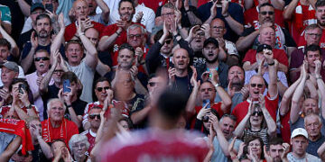 Liverpool fans applaud as Mohamed Salah of Liverpool is substituted off during the Premier League match between Liverpool and Brentford at Anfield on May 24, 2026 in Liverpool, England. (Photo by Naomi Baker/Getty Images)