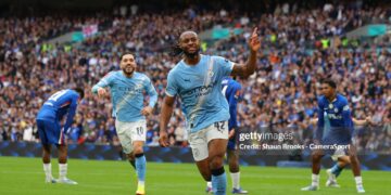 Antoine Semenyo of Manchester City celebrates after he scored for 0-1 during the Emirates FA Cup Final match between Chelsea and Manchester City (Photo by Shaun Brooks - CameraSport via Getty Images)