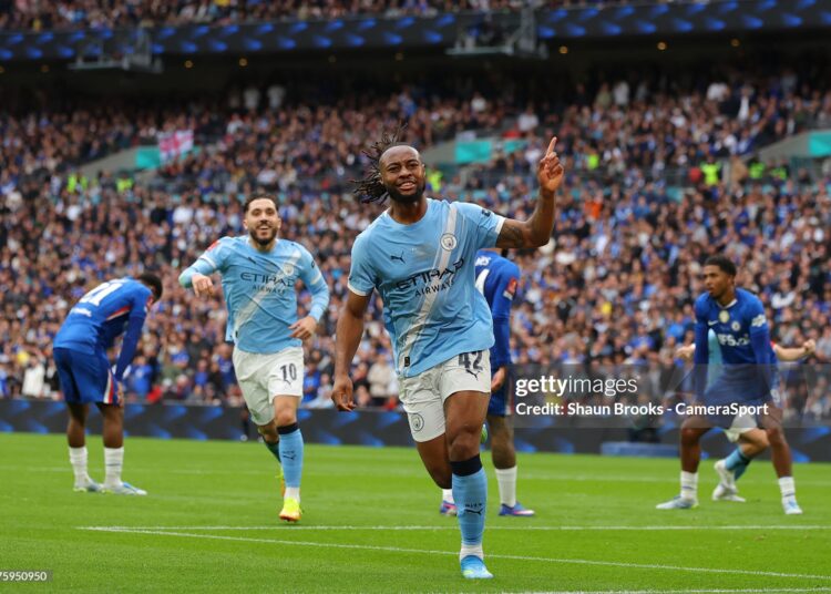 Antoine Semenyo of Manchester City celebrates after he scored for 0-1 during the Emirates FA Cup Final match between Chelsea and Manchester City (Photo by Shaun Brooks - CameraSport via Getty Images)